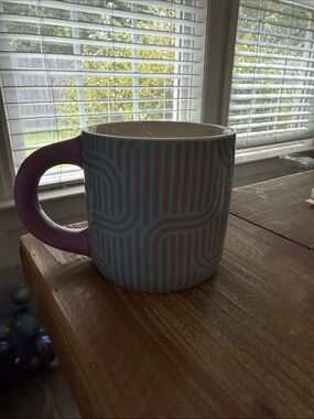 Striped Ceramic Mug with Purple Handle and Teal Pattern